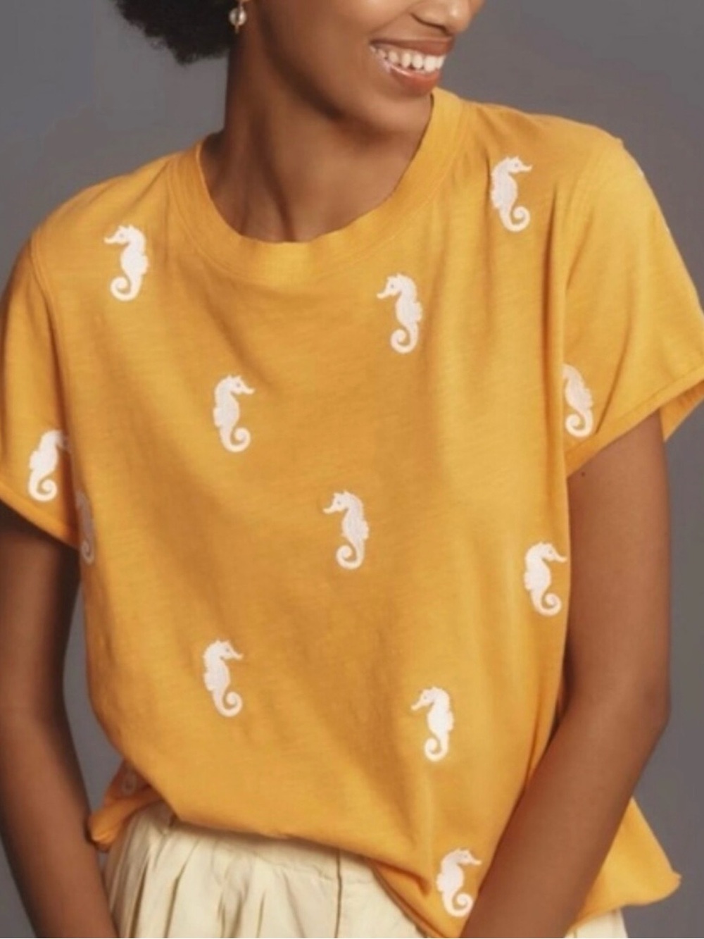 Anthropologie Mustard Yellow Embroidered Seahorse Short Sleeve T-Shirt - Picture 2 of 6